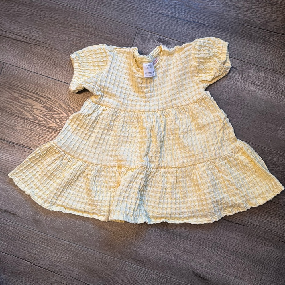 Zara Yellow Flowy Rippled Dress Short Sleeve